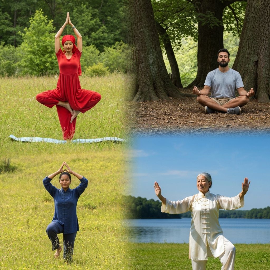 People from different cultures practicing traditional wellness practices in natural settings